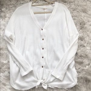 Soft waffle tie front top